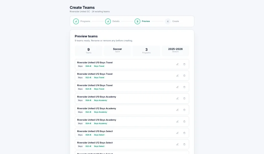 The team creation screen generating teams across programs and age groups