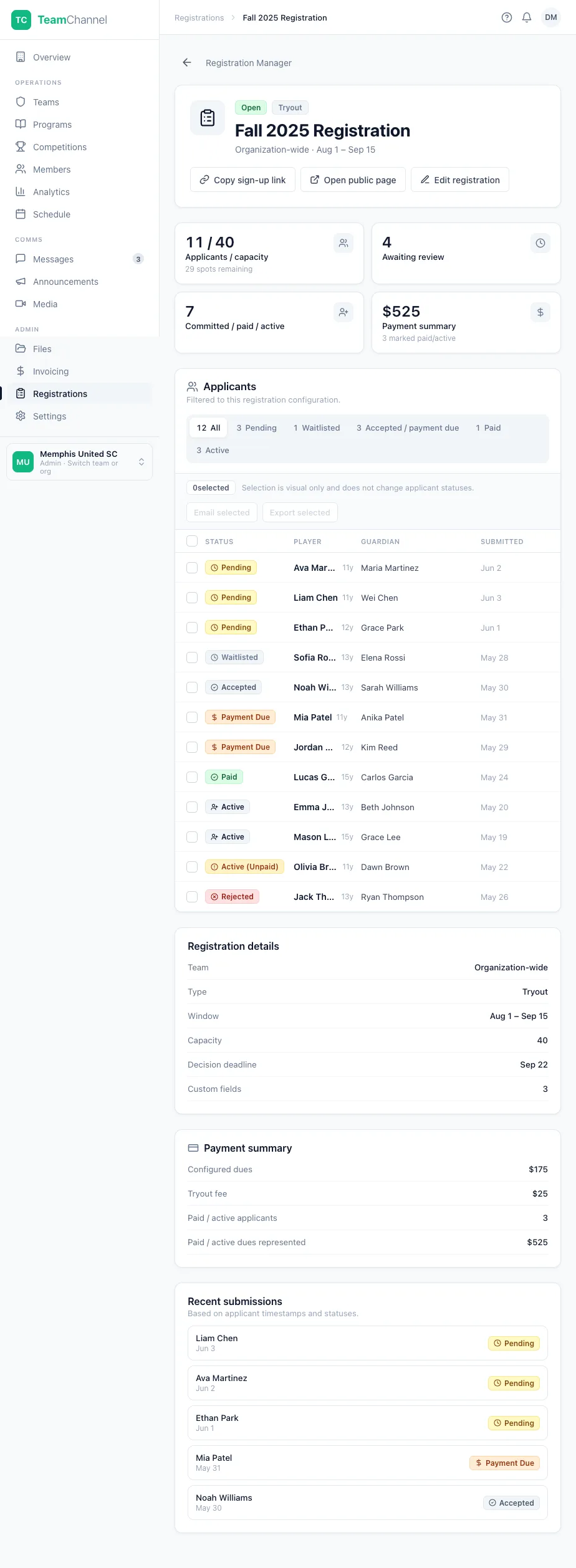 The registration manager showing applicants, capacity, and a payment summary